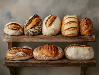 Assorted artisan loaves of bread on rustic wooden shelves.  Perfect for bakery, food blog, or culinary themes.