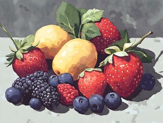 Still life painting of fresh strawberries, blueberries, blackberries, raspberries and yellow plums.  Vibrant colors and painterly style.