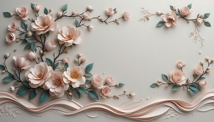 Elegant cherry blossoms in peach color bloom on layered waves on a soft background.