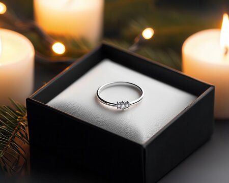 Romantic holiday setting with a diamond bracelet in a box next to lit candles and mistletoe