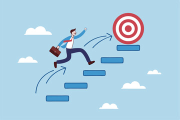 Step or progress to success and reach goal target, leadership to improve personal development, ladder or staircase to achieve goal, aspiration or career path, businessman run up stair to success.