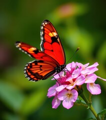 Obraz premium Scarlet Mormon butterfly (Papilio rumanzovia) feeding on flower, vibrant red wings, legs, wildlife photography, red