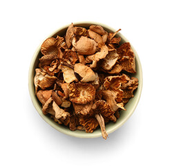Green bowl with tasty dried mushrooms on white background