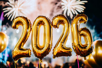 Gold New Year's celebration balloons and fireworks.