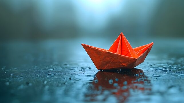 Red paper boat on wet surface.