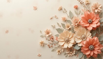 A beautiful floral arrangement in soft colors, beautifully arranged with soft leaves and small flowers in the background.

