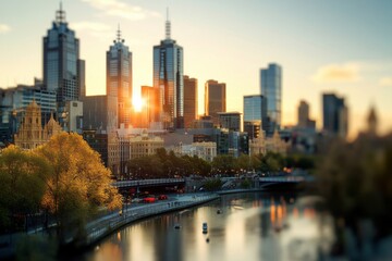 Obraz premium City skyline tilt-shift golden hour lighting and copy space