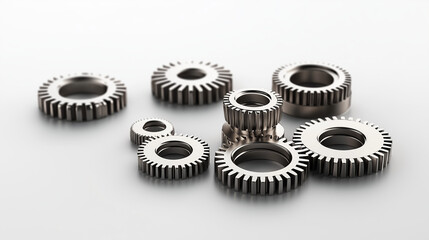 Several Metallic Shiny Silver Gears on a White Background.