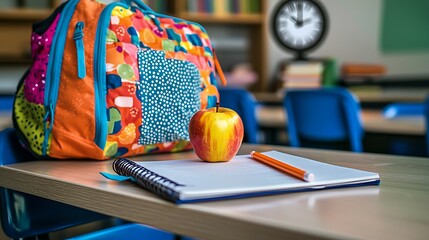 Colorful backpack, apple, notebook, and pencil on a school desk.