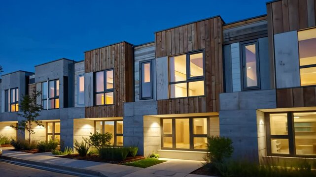 Contemporary townhouses with warm lighting at dusk, perfect for modern housing, real estate, urban living, architecture and design content