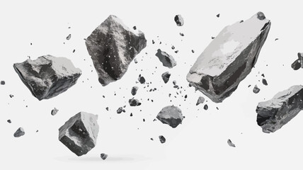The image shows multiple irregularly shaped grey fragments against a pure white background.  The fragments appear to be mid-air, exhibiting motion blur, suggesting a sense of movement and