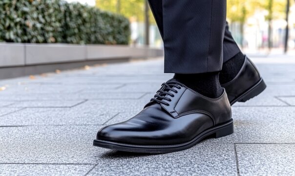 Elegant black dress shoes on a professional man's feet walking on a city sidewalk showcasing style and sophistication in urban fashion in natural light