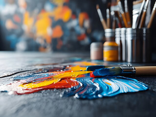 Fototapeta premium Close up of colorful brushstrokes and paintbrush on canvas with art supplies in background showcasing creativity and artistic expression