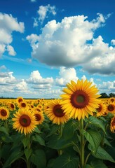 Fototapeta premium Vast sunflower field under a dramatic blue cloudy sky, field, countryside