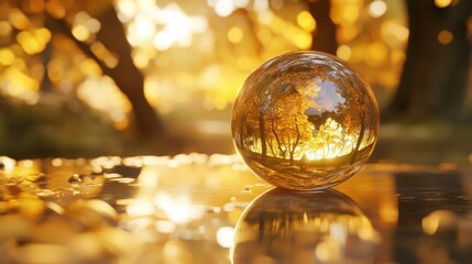 A glass sphere reflects a golden autumn landscape beautifully