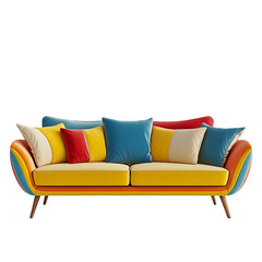 Fototapeta premium Colorful Mid Century Modern Sofa with Pillows Yellow Red Blue Beige