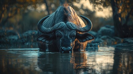 a cape buffalo drinking water in the wilderness 