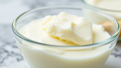 A bowl filled with creamy yellow mashed potatoes on a marble countertop.