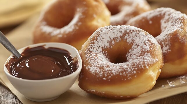 Italian zeppole fried doughnuts dusted powdered sugar served with a side of chocolate sauce for dipping