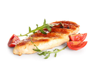 Tasty grilled chicken breast with peppercorn, arugula and tomatoes on white background