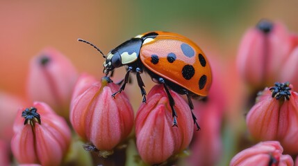 Fototapeta premium A vibrant ladybug perched on delicate pink flowers in a lush garden setting