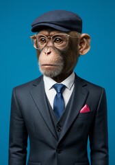 AI Generated Sophisticated Monkey Portrait in Suit and Cap Digital Art Illustration Depicting Dapper Chimpanzee with Glasses in Formal Attire on Solid Blue Background
