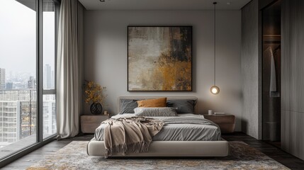 a modern bedroom with a large window, a bed with gray and yellow pillows, and a painting hanging above it. 