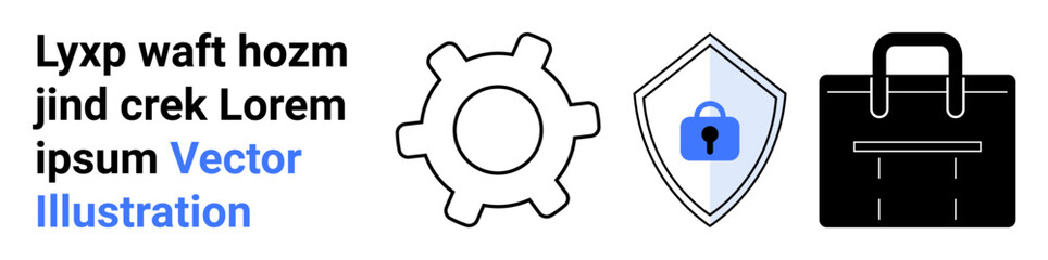 Gear, shield with blue lock, and briefcase icons representing protection, efficiency, storage, and organization. Ideal for technology, security, business strategy management apps flat landing