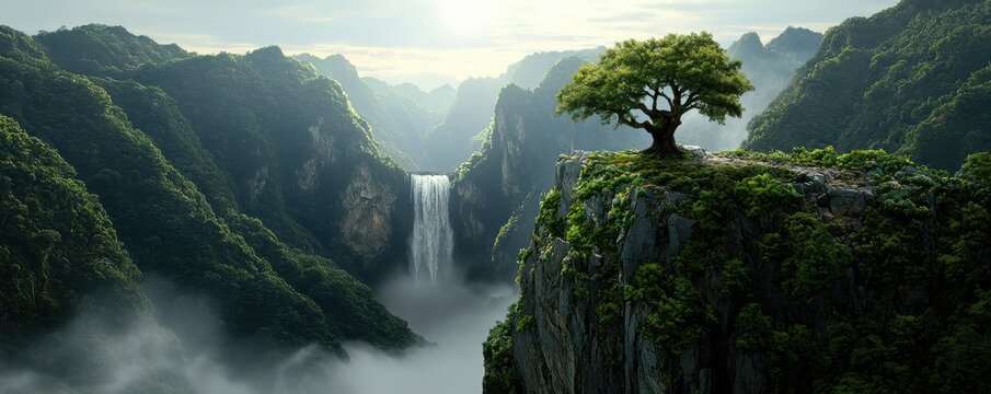 A serene landscape featuring a majestic waterfall cascading down cliffs, with a solitary tree perched on a rocky outcrop surrounded by lush greenery.
