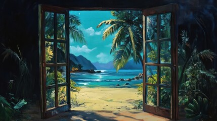 Open wooden doors showing a beautiful tropical beach scene