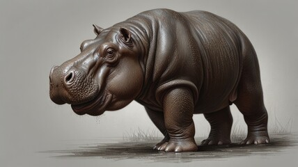 Fototapeta premium A large hippopotamus with smooth skin stands against a light background, looking to the left