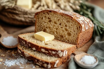 A loaf of sliced oat bread with butter and salt on a wooden surface. Slices are shown with a pat of butter on top. Wooden spoons with salt are visible in the foreground