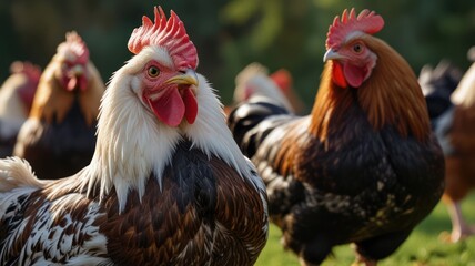 Fototapeta premium Chickens graze in a sunlit field, displaying vibrant feathers and rustic charm on a lush pasture