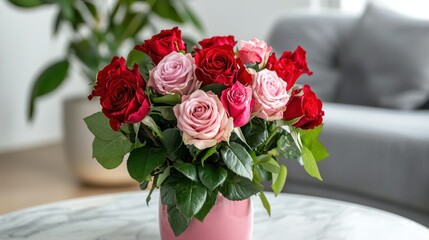 A romantic Valentine's Day bouquet with red and pink roses.