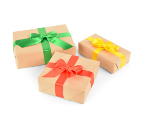 Different Christmas gift boxes on white background