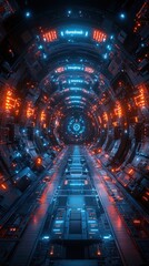 Neon-lit circular tunnel with a futuristic aesthetic, blending technology and abstract design