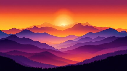 Obraz premium Vibrant sunset over layered purple, orange mountains