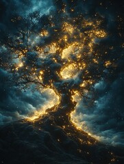 Obraz premium Glowing tree atop a dark hill against a swirling blue and golden sky