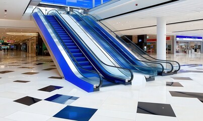 Modern escalators in a spacious shopping mall interior with sleek design and polished tiles, showcasing contemporary architecture and effective use of space.