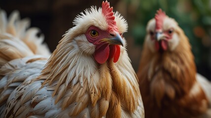 Fototapeta premium Two hens stand with their red combs and beautiful plumage, on a bright day in the garden