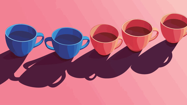 Isometric illustration of four coffee cups arranged in a row on a pink background. Two cups are blue and two are red.  The cups are shown from a slightly elevated angle, casting elongated shadows