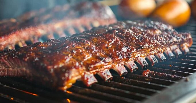 BBQ ribs grilling outdoors, smoky atmosphere, food preparation