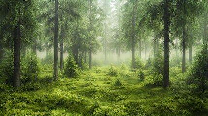 Fototapeta premium Mysterious Morning Fog in Lush Green Forest Landscape