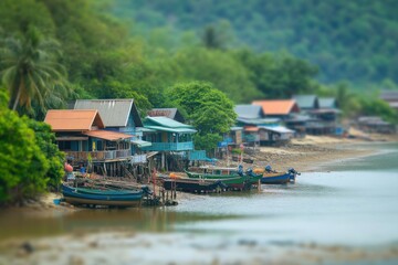 Naklejka premium Coastal fishing village with tilt-shift effect and copy space