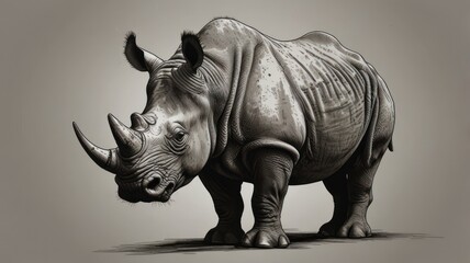 Fototapeta premium Monochrome depiction of a rhinoceros with textured skin and imposing horns against neutral background