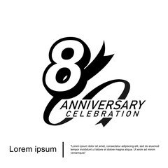8th years anniversary celebration emblem. black logo isolated with ribbon on white background. vector illustration template design for web, flyers, poster, greeting card	
