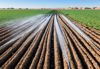 A vast field with rows of crops being watered by a network of drip irrigation pipes, spraying tiny droplets of water directly to the soil, under a clear blue sky.