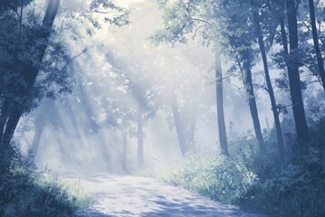 Naklejka premium Forest path in morning fog ethereal mood and soft diffused light with space for text above