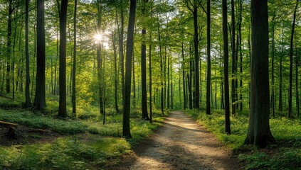 Obraz premium Sunlit forest path through dense trees. Lush greenery, sunlight filtering through canopy, tranquil woodland scene