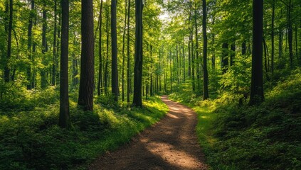 Fototapeta premium Sunlit forest path. Lush greenery, tall trees, pathway